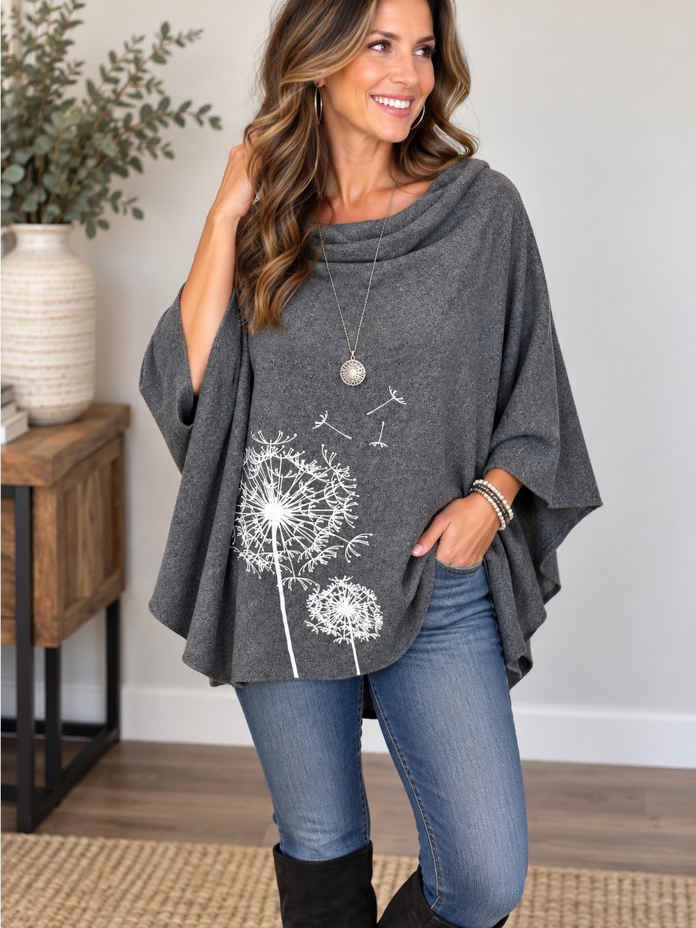 Source Unknown Gray Poncho Sweater with White Dandelion Print